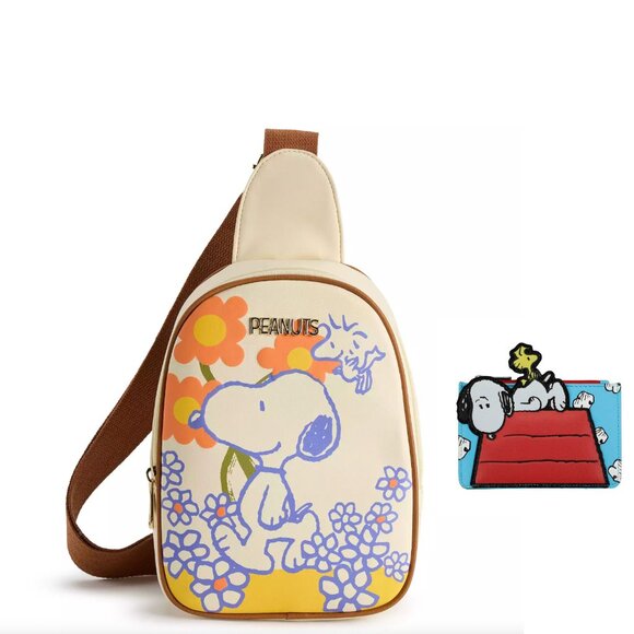 NWT Peanuts Snoopy and Woodstock Sling Bag Backpack and ID Card Wallet Combo - Picture 1 of 13